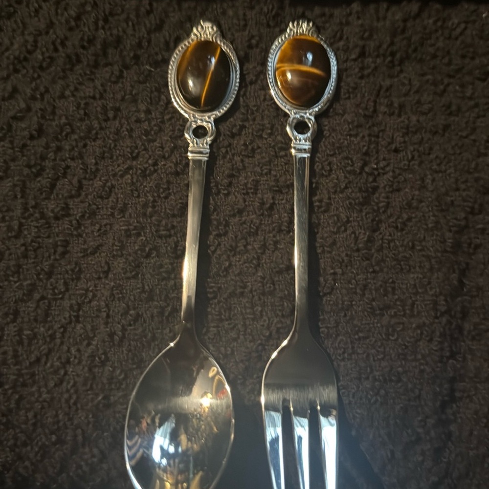 Elegant Silver Spoon and Fork with tiger stone Set